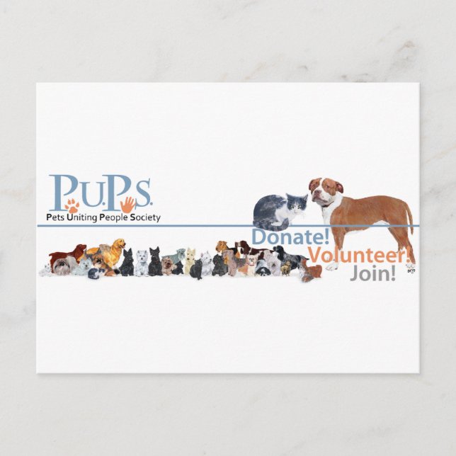 Postal Logo de PUPs con perros y gatos (Anverso)