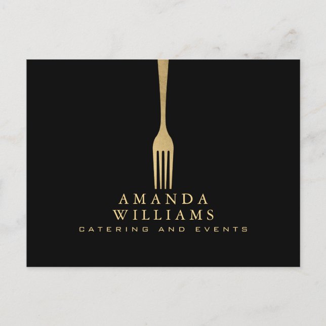 Postal Logo moderno de Faux Gold Fork Catering sobre negr (Anverso)