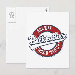 Postal logotipo de mochilero viajero por el mundo Noruega