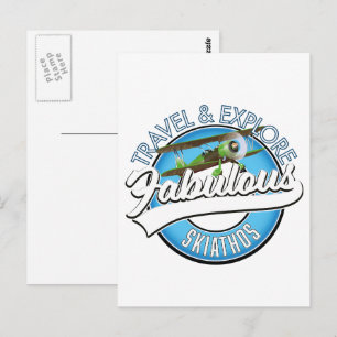 Postal logotipo de Viaje explora fabuloso Skiathos