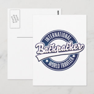 Postal logotipo de viajero de mochilero internacional Wor