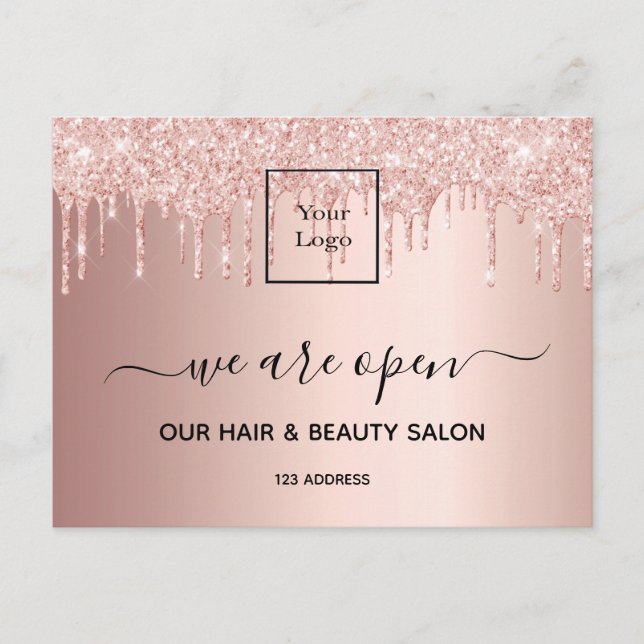 Postal Logotipo reabriendo salón de belleza rosa purpurin (Anverso)