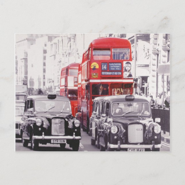 Postal Londres, autobuses rojos y taxis negros (Anverso)