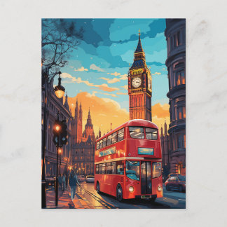 Postal Londres Big Ben Autobús Rojo Atardecer Acuarela