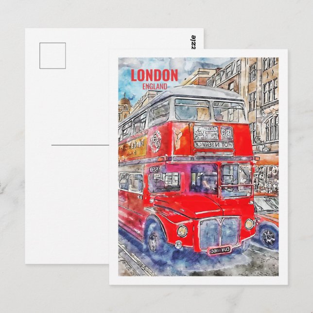 Postal Londres Bus England Famoso Travel Place Watercolor (Anverso / Reverso)