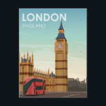 Postal Londres Inglaterra Big Ben Vintage Travel<br><div class="desc">Ilustracion de afiches de viajes Retro London England que incluye un autobús rojo de dos pisos que conduce por las Casas del Parlamento junto con una vista de la torre del reloj conocida como Big Ben. Este diseño vintage traerá recuerdos de afiches clásicos de viajes de una época pasada.</div>