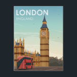 Postal Londres Inglaterra Big Ben Vintage Travel<br><div class="desc">Ilustracion de afiches de viajes Retro London England que incluye un autobús rojo de dos pisos que conduce por las Casas del Parlamento junto con una vista de la torre del reloj conocida como Big Ben. Este diseño vintage traerá recuerdos de afiches clásicos de viajes de una época pasada.</div>