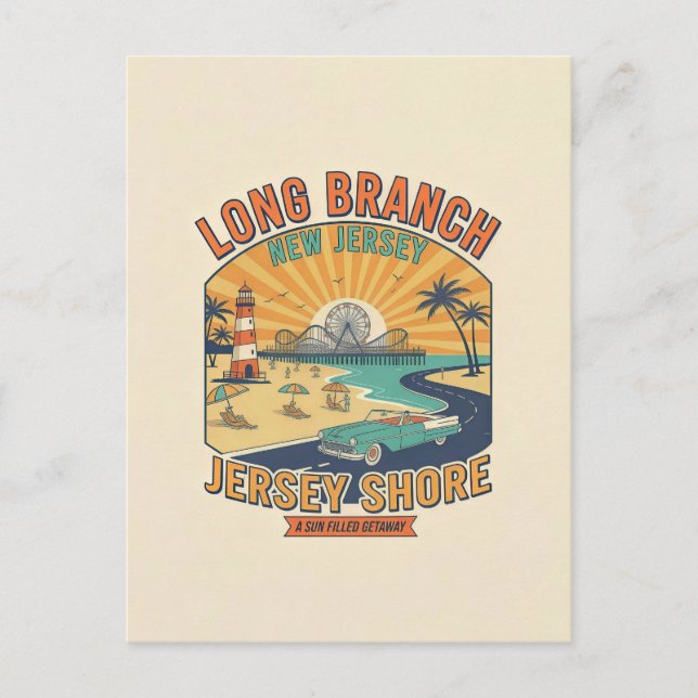 Postal Long Branch NJ – Estilo de Viaje Retro de los 50 (Anverso)