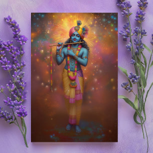 Postal Lord Krishna Pastel Arte Hindú con los fuegos arco