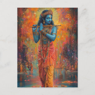 Postal Lord Krishna tocando el arte azul del Naranja flau