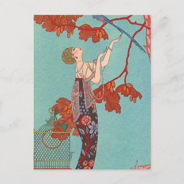 Postal Loro azul loco por George Barbier (Anverso)