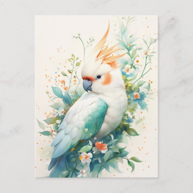 Postal Loro blanco con cresta naranja y follaje azul verd (Anverso)