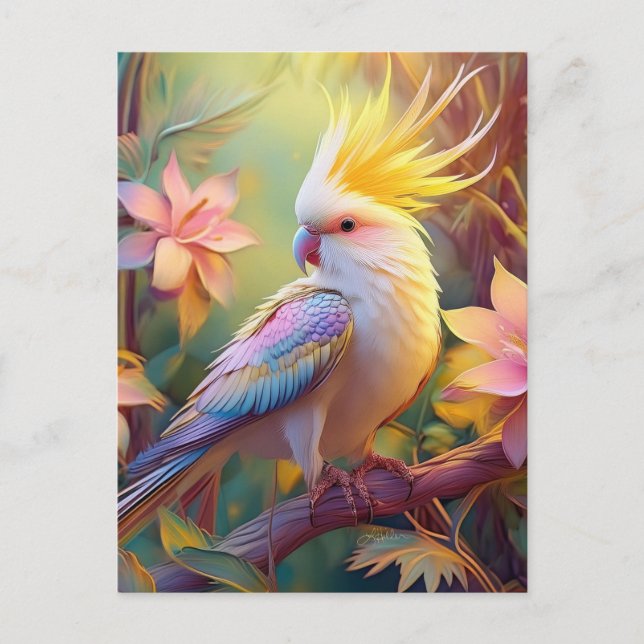 Postal Loro Cacatúa Ala Irisada Ave Fantasía (Anverso)