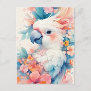 Postal Loro Cacatúa Blanco con Flor de Hibisco Rosa