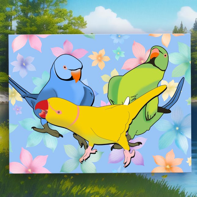 Postal Loro de collar indio vibrante aves de mascota jugu (Vibrant Indian Ringneck Parakeet Postcard - Playful Pop Art Birds in Green, Blue & Yellow )