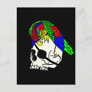 Postal Loro en cráneo pirata con fondo negro