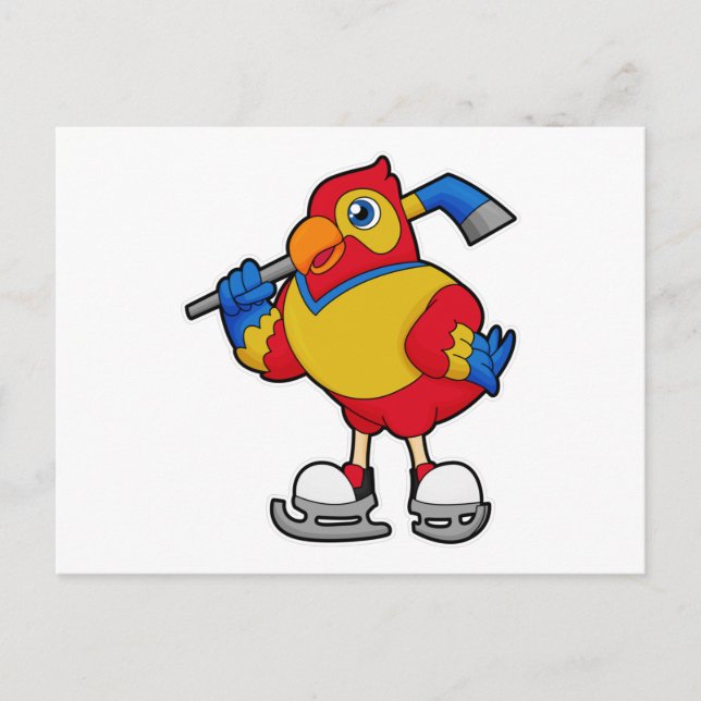 Postal Loro en hockey sobre hielo con palo de hockey sobr (Anverso)