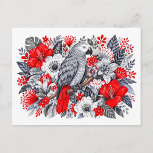 Postal Loro gris africano Hibisco rojo Ilustración botáni