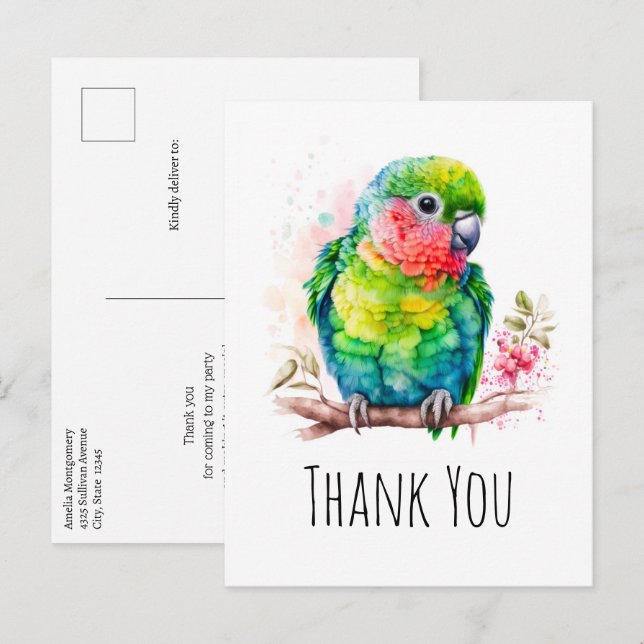 Postal Loro verde - Ave bebé lindo Gracias (Anverso / Reverso)