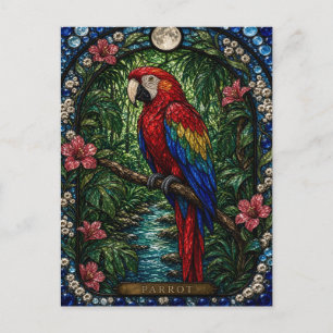 Postal Loro, vidrio teñido de floración de selva tropical