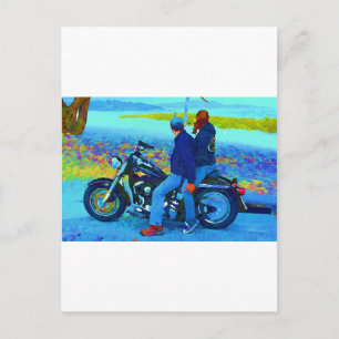 Postal Los amantes de la motocicleta en la playa