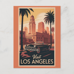 Postal Los Ángeles California Coche Antiguo Ciudad Siluet