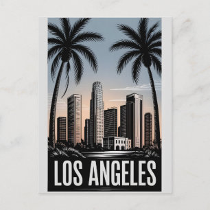 Postal Los Ángeles California Grabado en Madera Blanco y