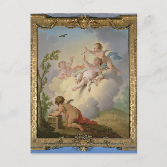 Postal Los ángeles jugando con un pájaro en un paisaje (Anverso)