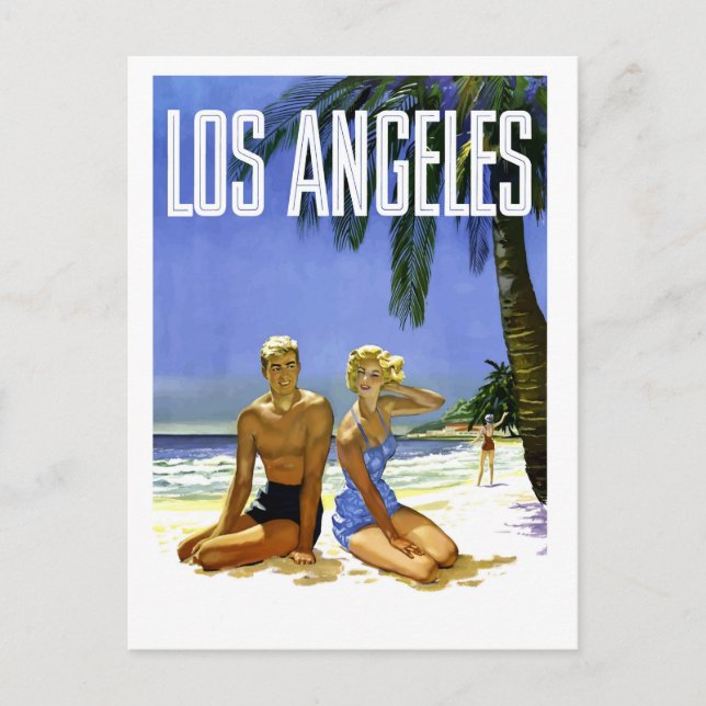 Postal Los Ángeles, pareja en la playa, vintage (Anverso)