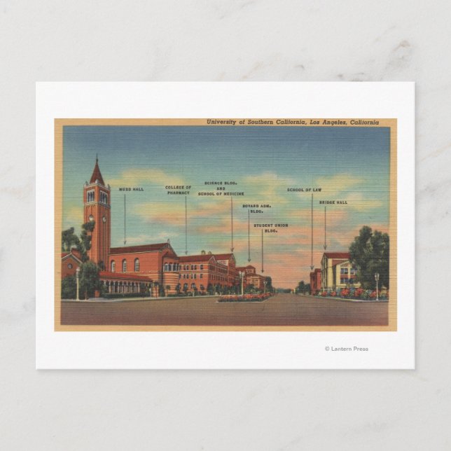 Postal Los Ángeles, vista panorámica del campus de los Es (Anverso)