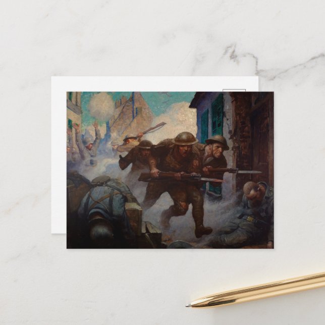 Postal Los estadounidenses en Chateau-Thierry por N. C. W (Anverso/Reverso In Situ)