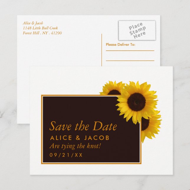 Postal Los girasoles rústicos - Bodas salvan la fecha (Anverso / Reverso)