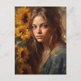 Postal Los girasoles y una mujer rubia