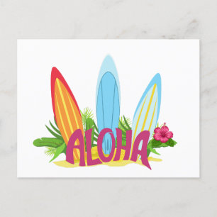 Postal Los Guay Surfing Boars de Aloha en la playa