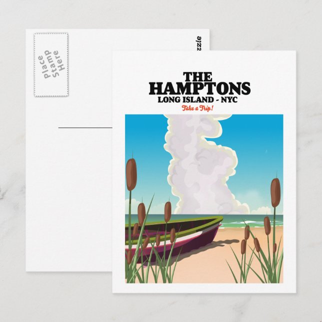 Postal Los Hamptons isla larga NYC, cartel de viaje. (Anverso / Reverso)
