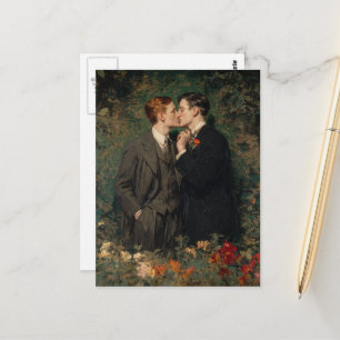 Postal Los homosexuales se besan en un jardín
