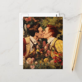 Postal Los homosexuales se besan en un jardín de flores
