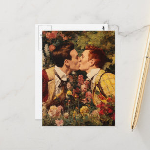 Postal Los homosexuales se besan en un jardín de flores