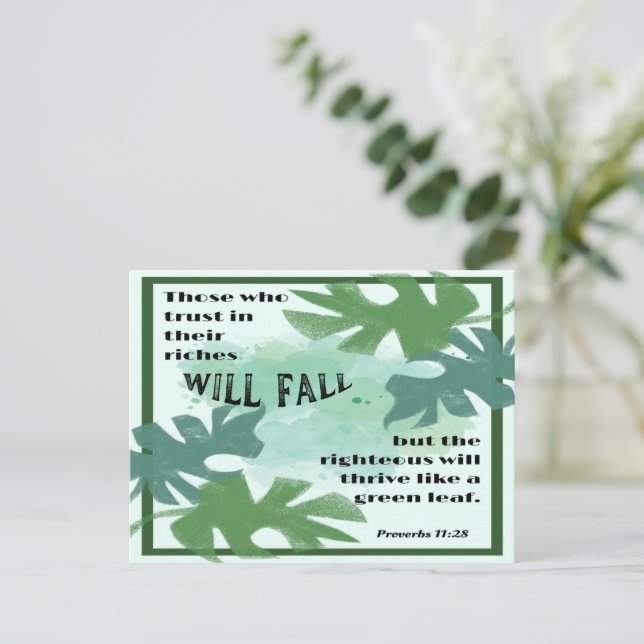 Postal Los justos y los proverbios de la hoja verde 11:28 (Anverso de pie)