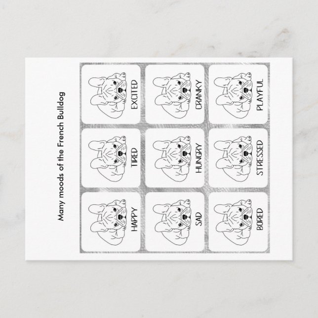 Postal Los muchos estados de ánimo de un Bulldog francés (Anverso)