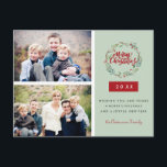 Postal Los Navidades clásicos escribieron dos fotos perso<br><div class="desc">Diseño clásico de tarjetas de vacaciones con flores de invierno y flores de bayas y dos plantillas de fotos sobre un elegante fondo verde sabio. La tarjeta postal inversa se puede personalizar completamente con un mensaje y una dirección de remitente. Es la manera perfecta de difundir alegría por las vacaciones...</div>