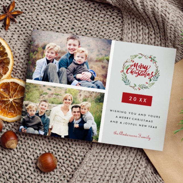 Postal Los Navidades clásicos escribieron dos fotos perso (Christmas Postcard with 2 landscape photo, custom message on the front, red and neautral colors,)