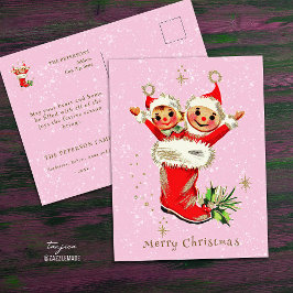 Postal Los Navidades retro de la cosecha son elfos rosado