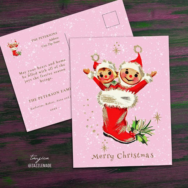 Postal Los Navidades retro de la cosecha son elfos rosado (Subido por el creador)