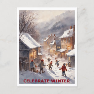 Postal Los niños celebran la nieve de invierno