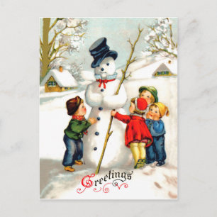 Postal Los niños están haciendo un gran muñeco de nieve,