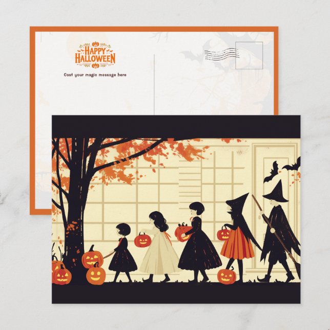 Postal Los niños hacen trucos o tratan en la noche de Hal (Anverso / Reverso)