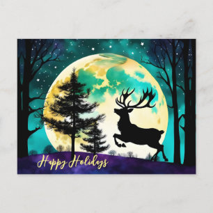 Postal Los renos saltan luna llena en el camino