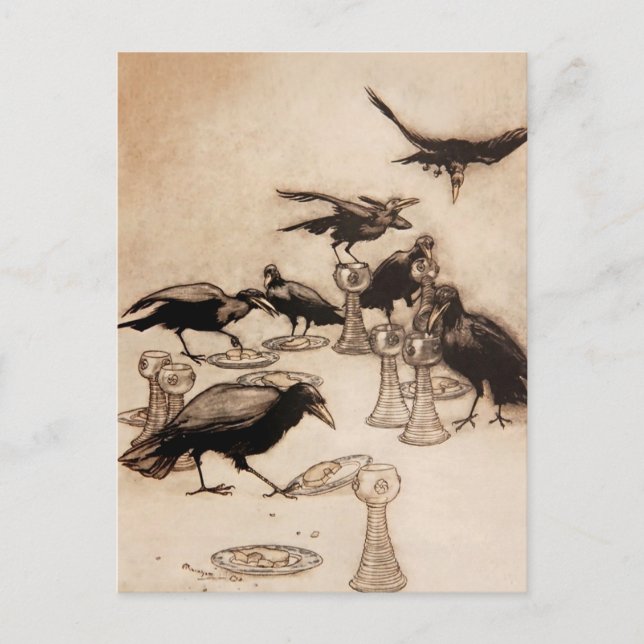 Postal “Los siete cuervos” Acuarela de Arthur Rackham (Anverso)