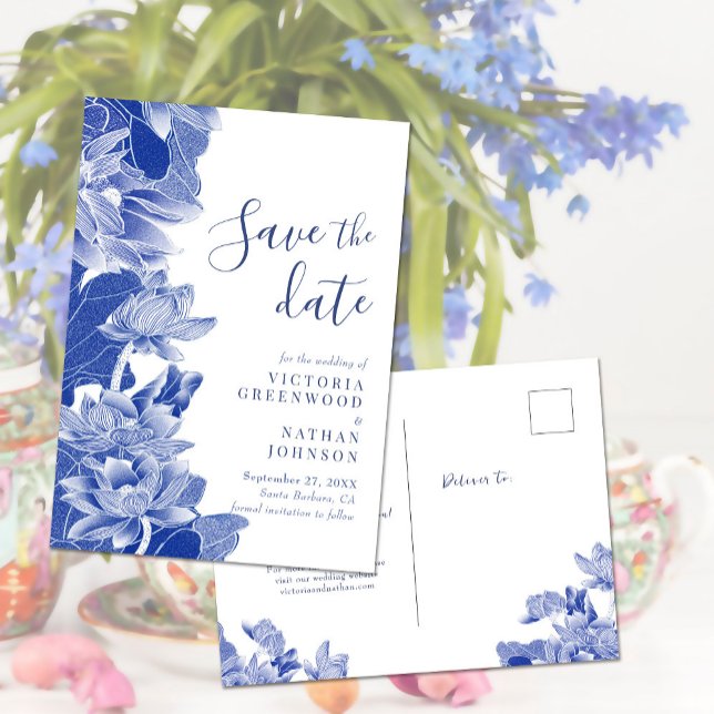 Postal Loto Floral Azul Blanco Chinoiserie Salva la Fecha (Subido por el creador)